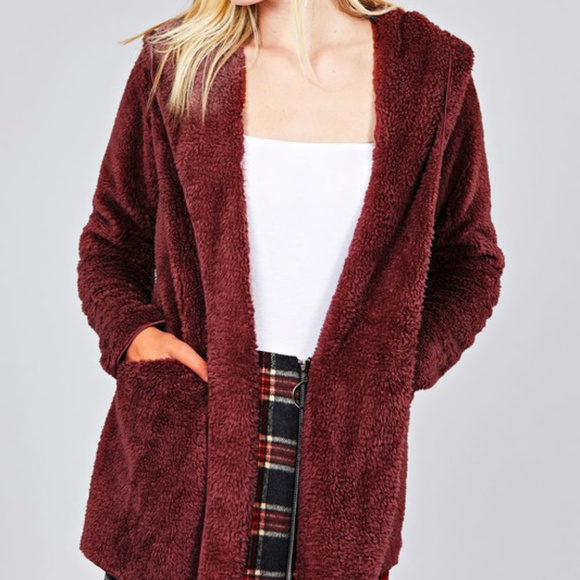 1 LEFT Burgundy Faux Fur Hooded Jacket - Picture 3 of 5